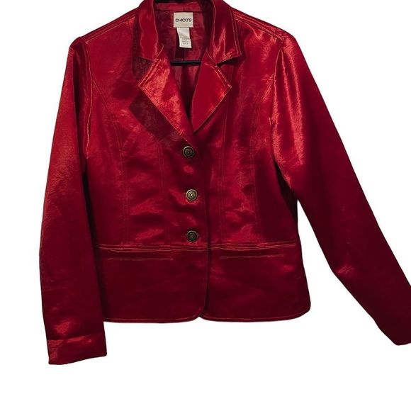 Chico’s Satin Liquid Like Ruby Red Silky Lux Long Sleeve Button Up Blazer Jacket - Picture 1 of 7